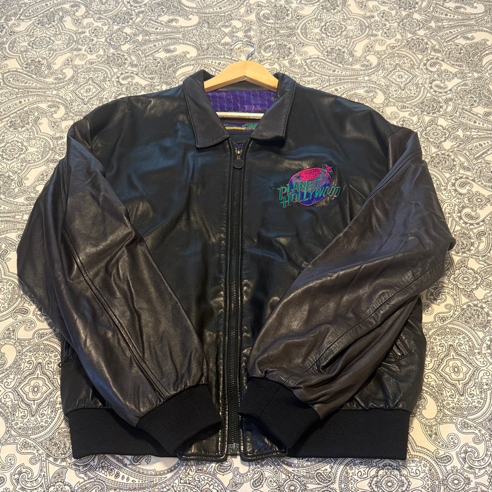 Vintage Authentic Planet Hollywood Black Leather bomber Jacket- XL